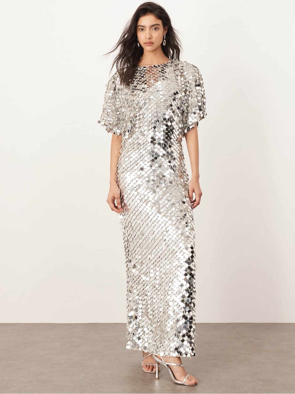 ARRANGE sequin and fringe strong shoulder midi dress in silver